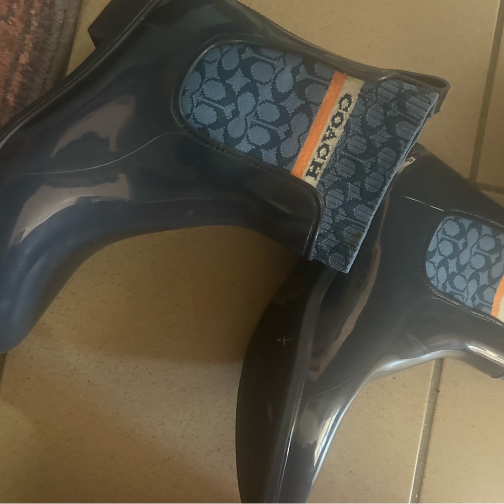 Coach Black Patent Chelsea Rain Boots with Blue Logo Sockliner - Picture 3 of 3